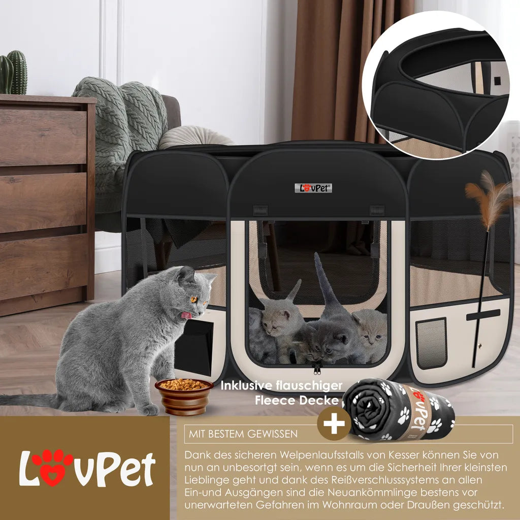  LOVPET® Welpenlaufstall Tierlaufstall Faltbar Für Kleintiere Hunde, Katzen Inkl. Hundenapf Hundelaufstall Freigehege Oxfordgewebe Pop-up System Indoor & Outdoor, Farbe:Schwarz / Beige