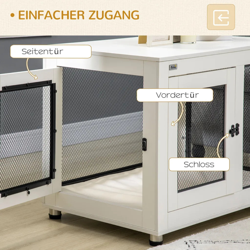  PawHut Hundekäfig, Haustierkäfig Mit Tischplatte, Hundehaus, Hundehütte Mit Kissen, Hundebox Indoor, Tierkäfig Mit 2 Türen Für Große Hunde, Beistelltisch, Weiß+Schwarz, 94 X 60 X 71,5 Cm
