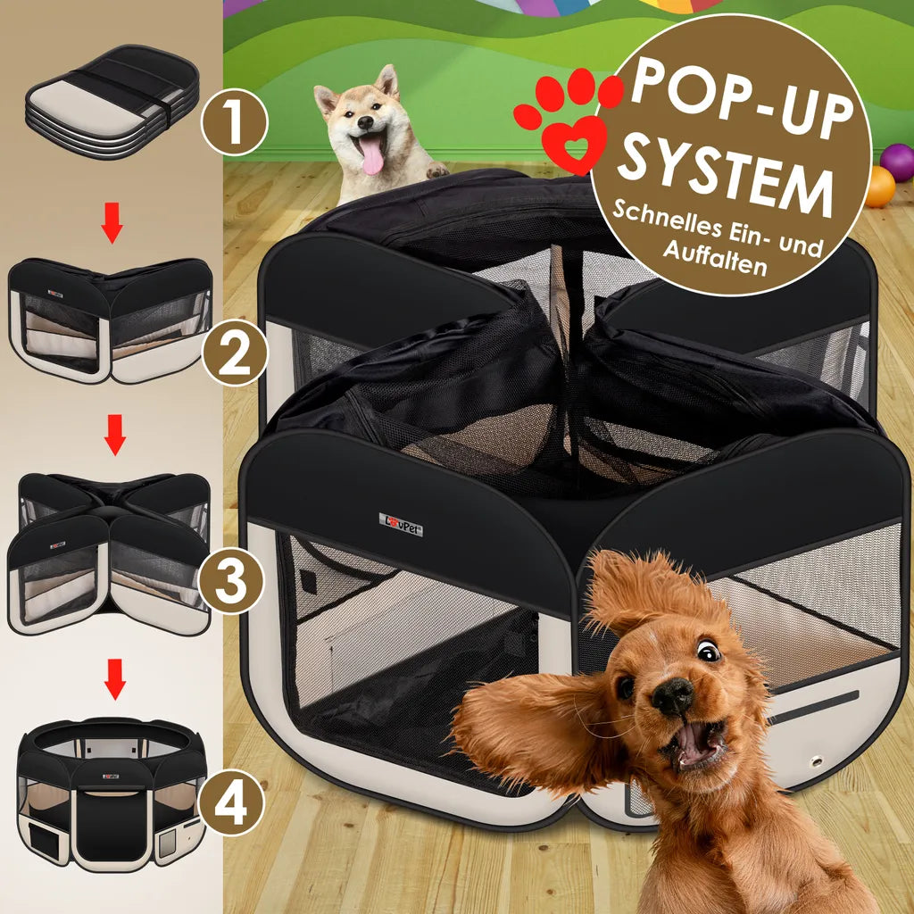  LOVPET® Welpenlaufstall Tierlaufstall Faltbar Für Kleintiere Hunde, Katzen Inkl. Hundenapf Hundelaufstall Freigehege Oxfordgewebe Pop-up System Indoor & Outdoor, Farbe:Schwarz / Beige