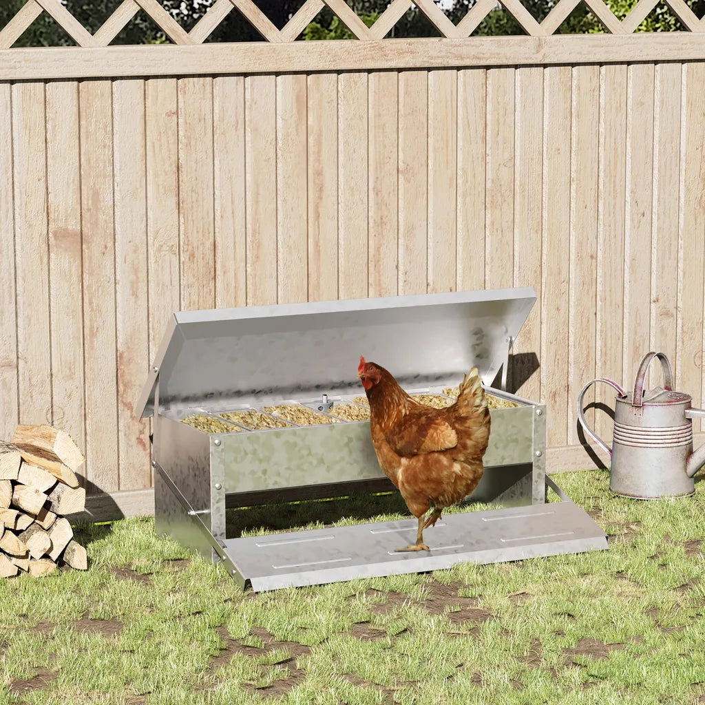  PawHut Futterautomat Hühner 5 Kg Füllmenge Hühnerfutterautomat Futterspender Geflügel-Futterspender Mit Deckel Für Hühner Und Geflügel Wasserdicht Automatisch Silber 56 X 36 X 18,5 Cm
