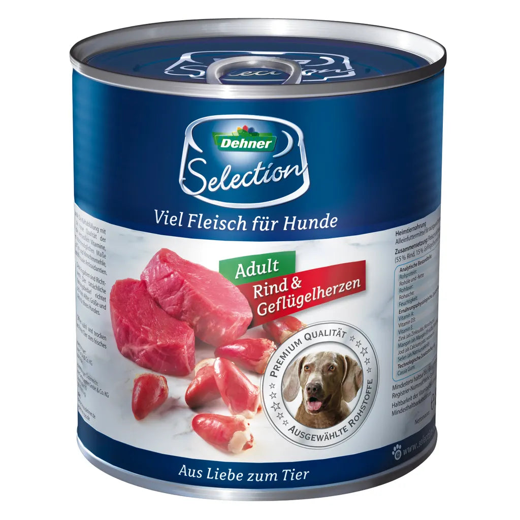 Dehner Premium Hundefutter Adult, Rind Und Geflügelherzen, 6 X 800 G (4.8 Kg)