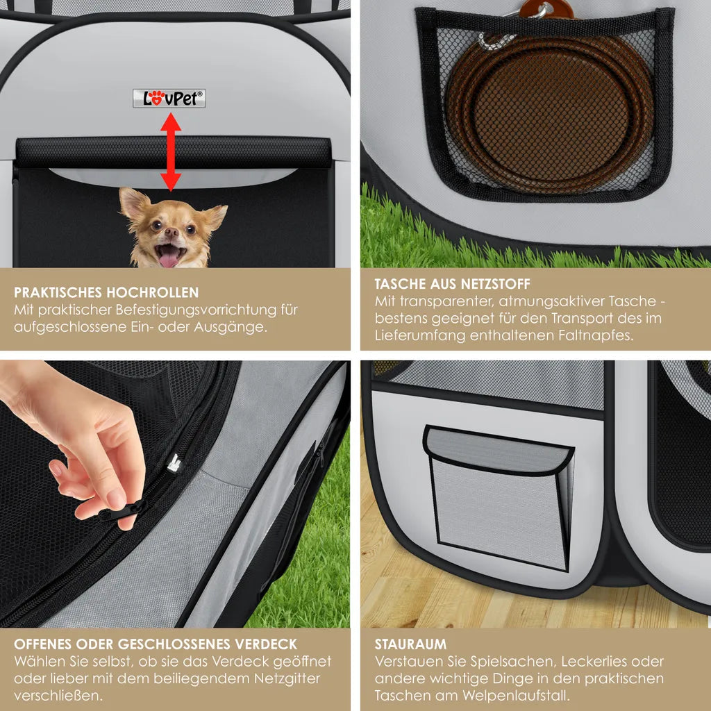  LOVPET® Welpenlaufstall Tierlaufstall Faltbar Für Kleintiere Hunde, Katzen Inkl. Hundenapf Hundelaufstall Freigehege Oxfordgewebe Pop-up System Indoor & Outdoor, Farbe:Hellgrau / Schwarz