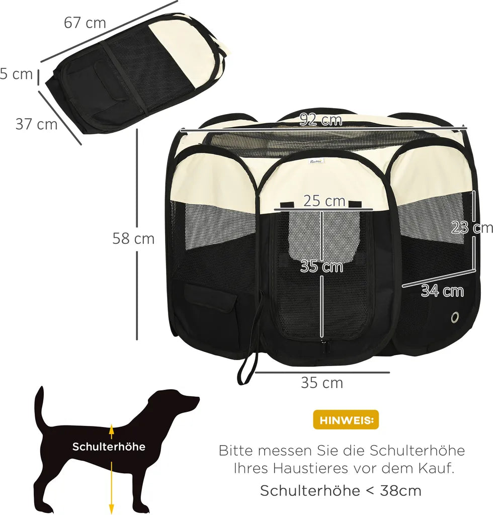  PawHut Welpenlaufstall Tierlaufstall Faltbarer Welpenauslauf Freigehege Laufstall Aus Oxfordstoff Für Kleine Hunde Und Katzen Wasserdicht Tragbar Cremeweiß+Schwarz 92 X 92 X 58 Cm