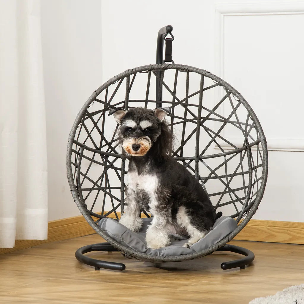  PawHut Rattan Hundehütte Mit Kissen Hundehaus Haustierbett Katzenhaus Katzenkorb Katzenhöhle Hängesessel Hängematte Für Hunde Katzen Outdoor Grau+Schwarz 60 X 53 X 76 Cm