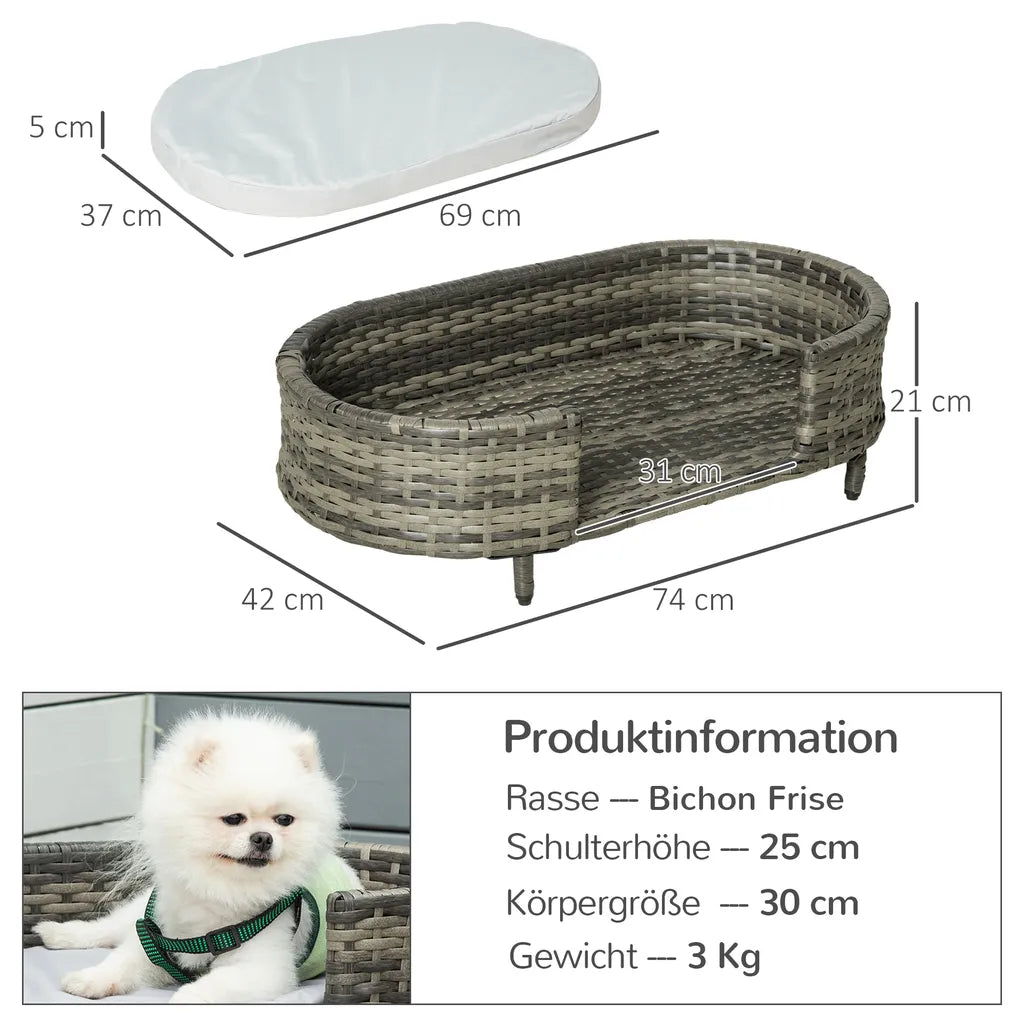  PawHut Hundesofa Rattan Haustiersofa Mit Kissen Hundebett Hundekorb Katzensofa Hundekörbchen Für Kleine Und Mittelgroße Hunde Erhöhtes Design Braun+Grau 74 X 42 X 21 Cm