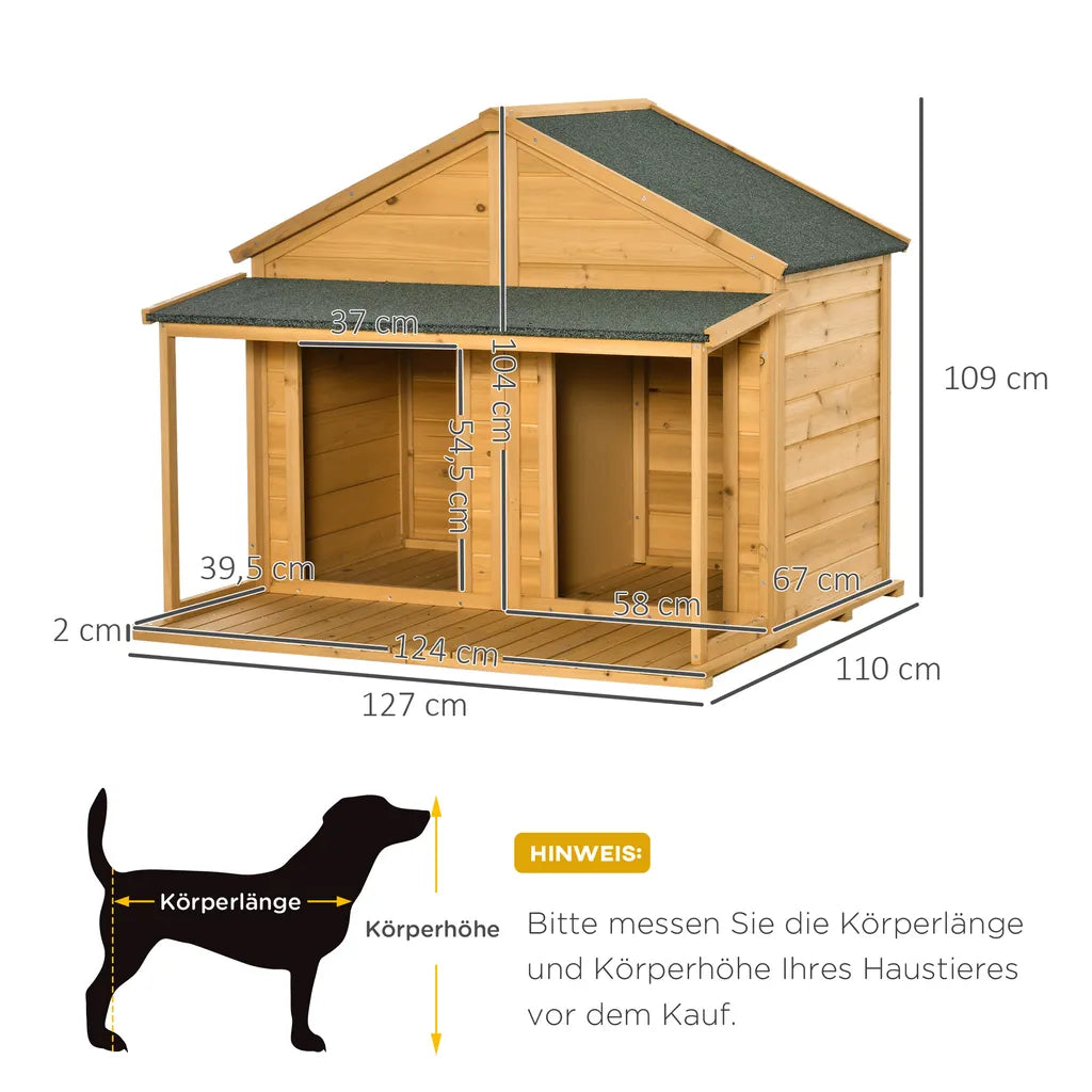  Pawhut Hundehütte Aus Massivholz Isoliertes Hundehaus Mit 2 Räume Asphaltdach Outdoor Hütte Mit Terrasse Gelb+Grün 127 X 110 X 109 Cm