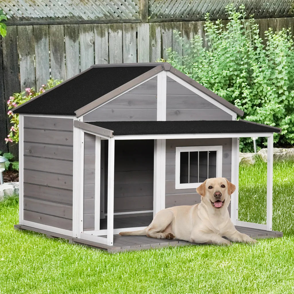  PawHut Hundehütte Aus Massivholz Kleintierhaus Isoliertes Hundehaus Mit Terrasse Asphaltdach Outdoor Wetterfeste Hütte Für Draußen Grau 127 X 112 X 109 Cm