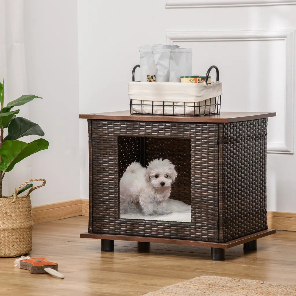  PawHut Rattan Hundehütte Hundehaus Mit Kissen Hundehöhle Hundematratze Haustierbett Für Drinnen Und Draußen Spanplatte Braun 60 X 44 X 51,5 Cm