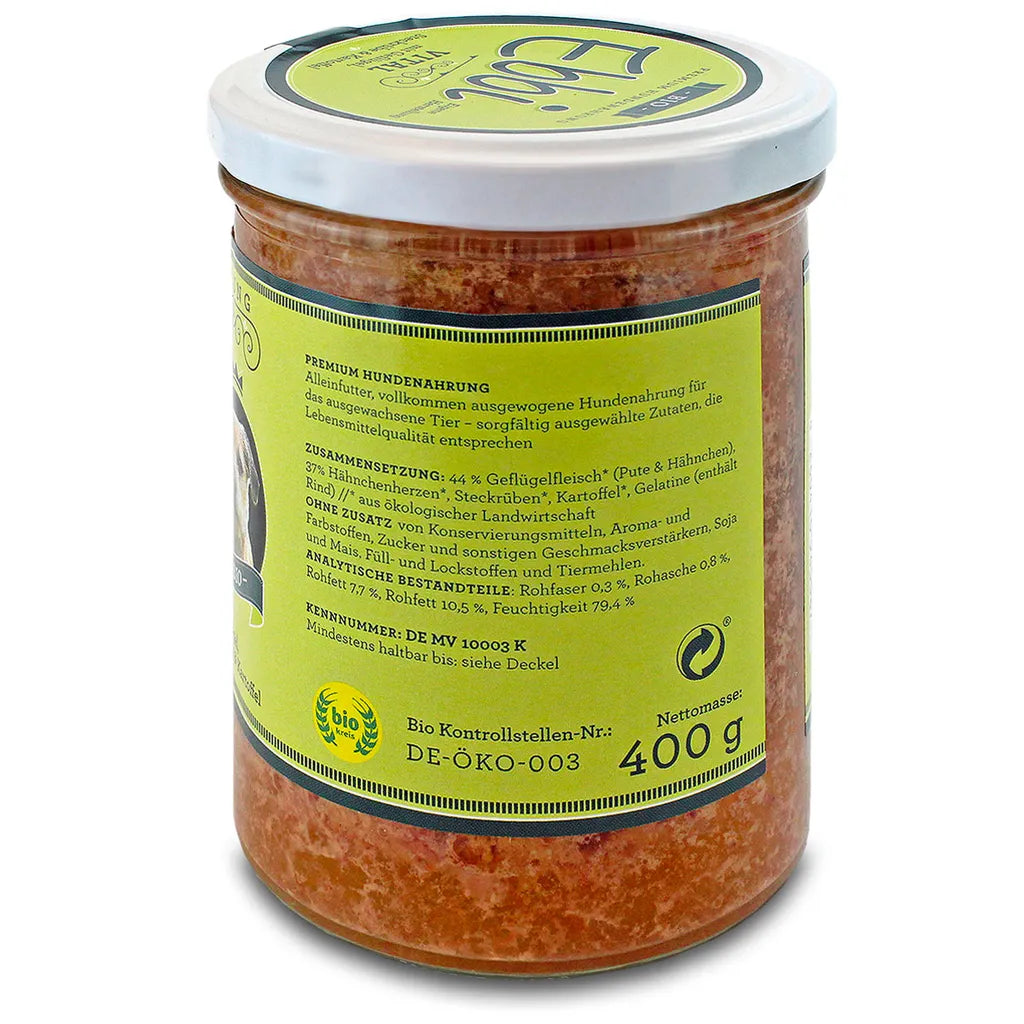  Vital Hundefutter 400g Glas Mit Frischem Geflügel, Gesunder Steckrübe Und Nahrhafter Kartoffel Von Ebbi
