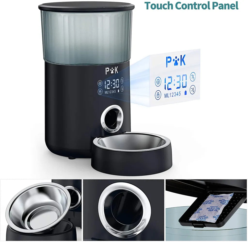  PUPPY KITTY 4L Touchscreen Automatischer Futterautomat Für Katze Und Hund, Timer Futterspender Mit 1-5 Mahlzeiten, Mit Benutzerdefinierter Abgabeton, Portionskontrolle, Edelstahlschale, Schwarz