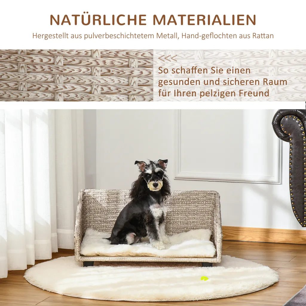  PawHut Haustiersofa Hundebett Rattan Mit Kissen Vier Füßen Haustierbett Katzenbett Hundekorb Hundesofa Für Kleine Hunde Hellgrau+Weiß 70,5 X 40 X 37,5 Cm