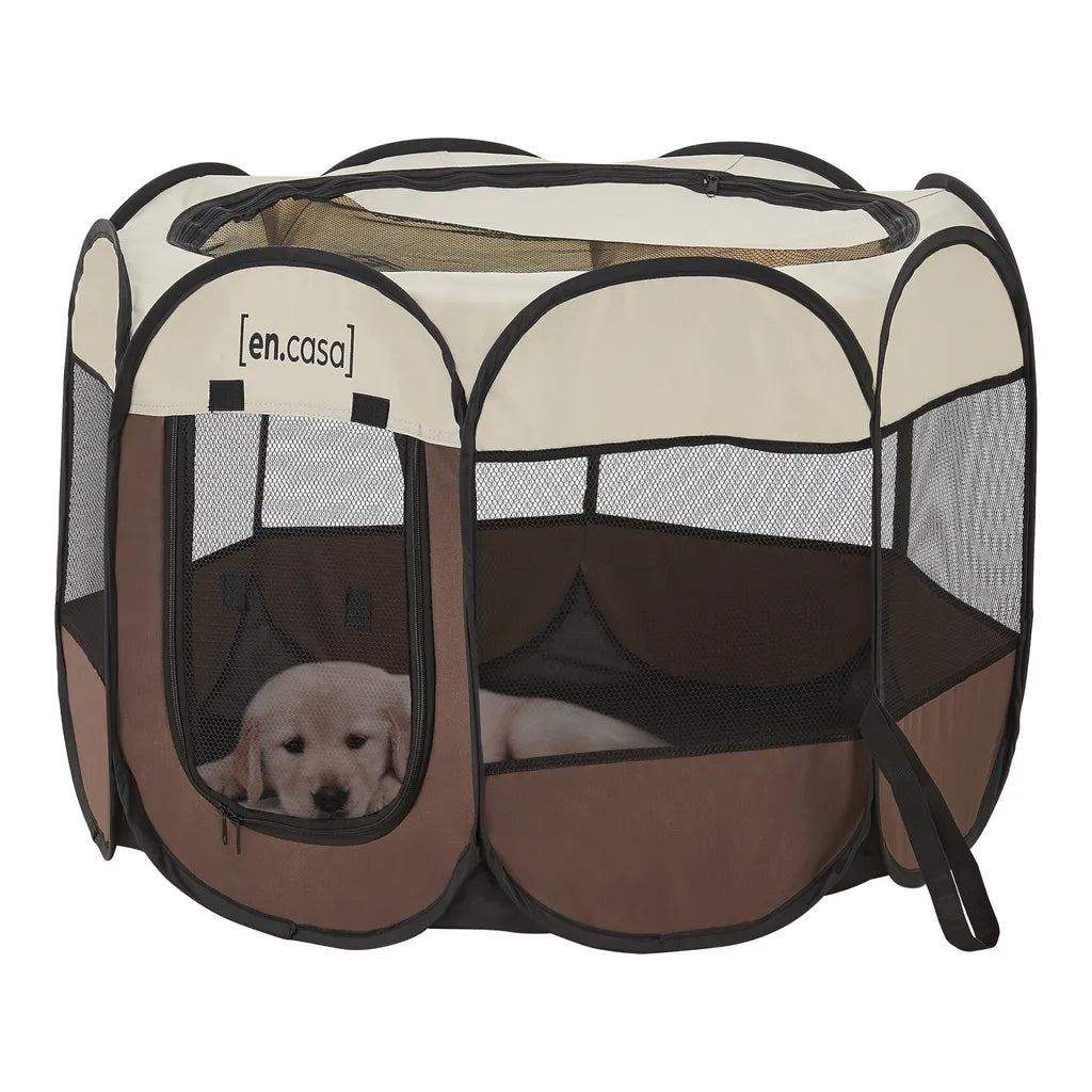  Hundelaufstall Telford 43 X 74 X 74 Cm Pop Up Tierlaufstall Für Innen- Und Außenbereich Welpenlaufstall Hundehütte Braun / Cremefarben