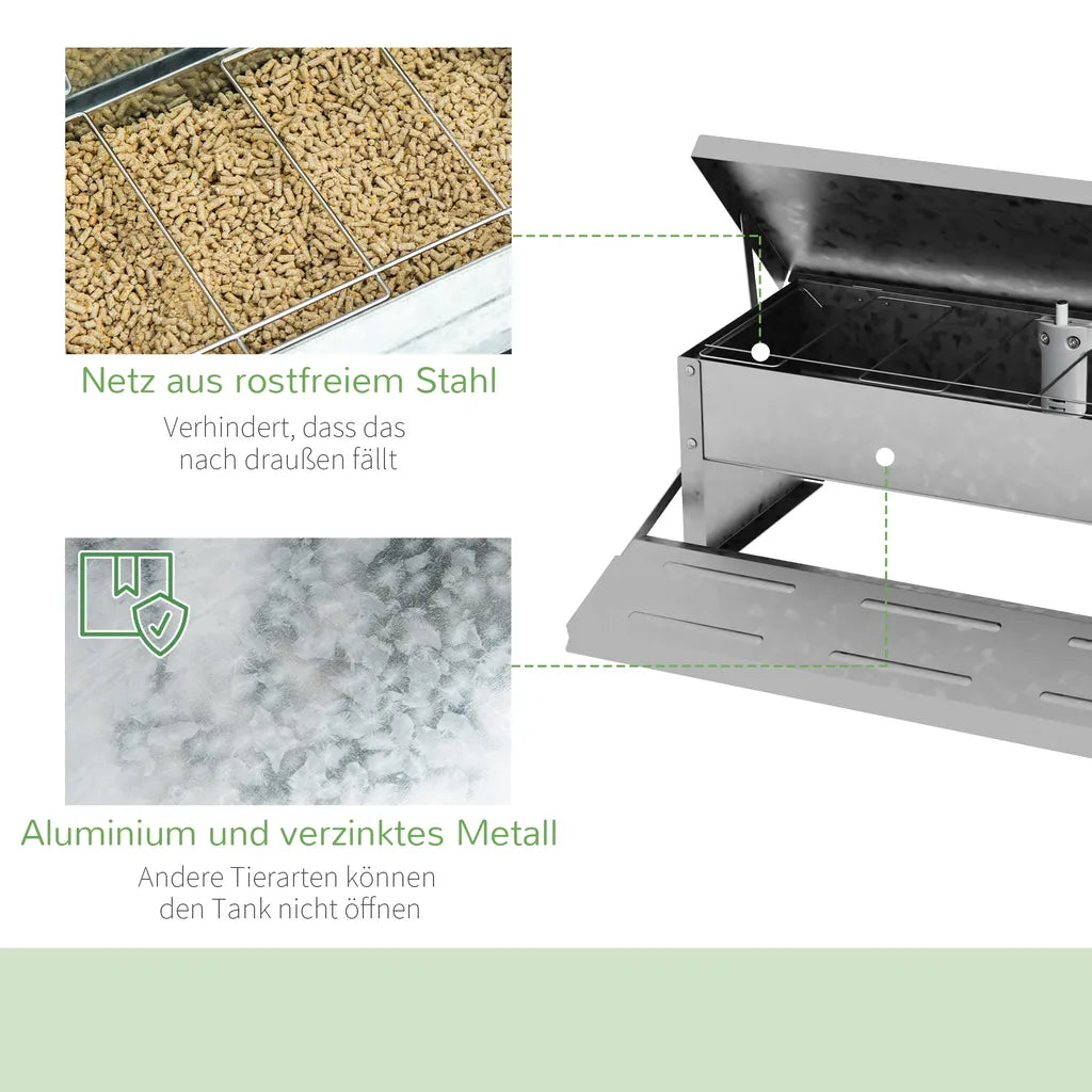  PawHut Futterautomat Hühner 5 Kg Füllmenge Hühnerfutterautomat Futterspender Geflügel-Futterspender Mit Deckel Für Hühner Und Geflügel Wasserdicht Automatisch Silber 56 X 36 X 18,5 Cm
