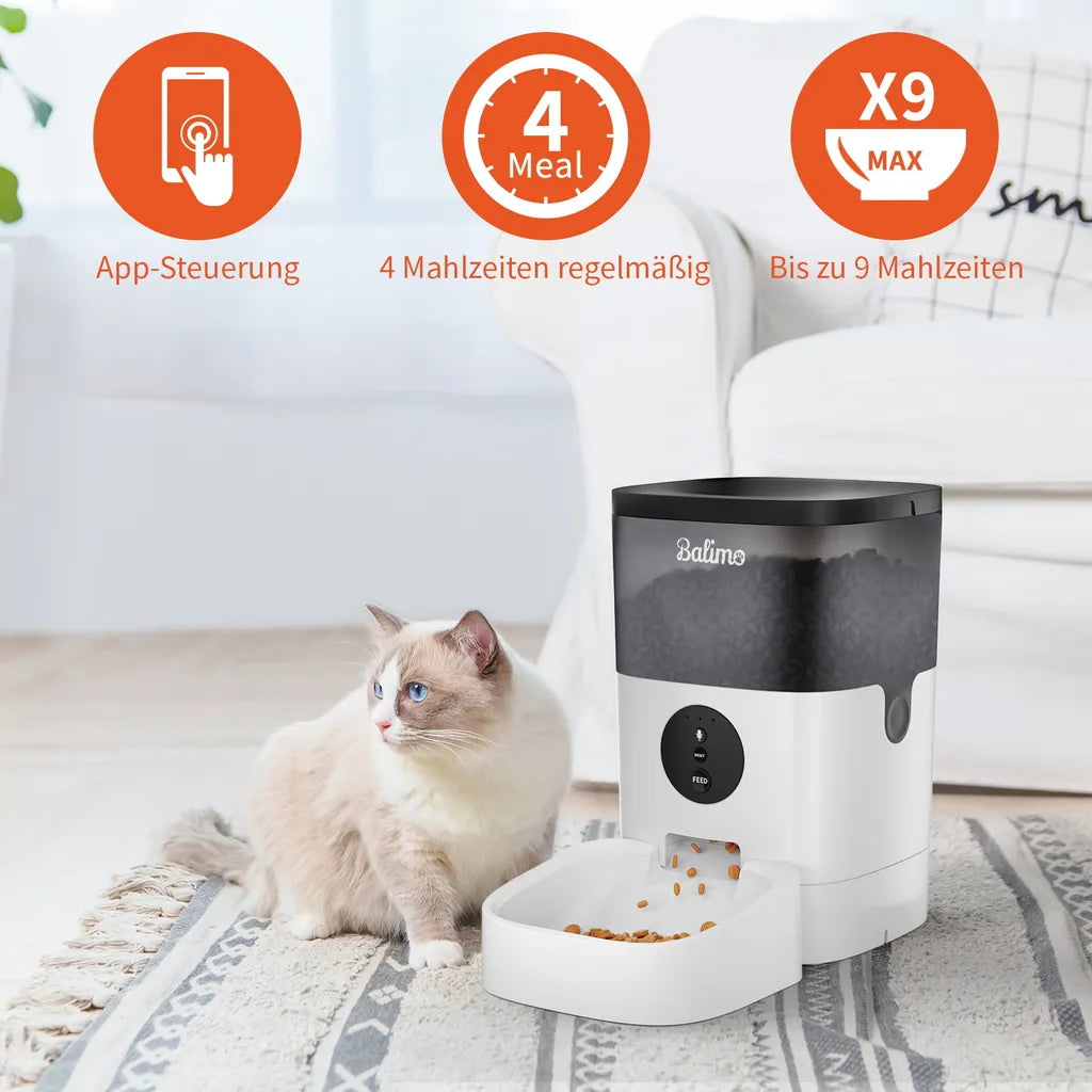  Balimo 4L Wifi Automatischer Futterautomat Für Katzen Und Hunde, 10s Soundaufnahmefunktion, 1-4 Mahlzeiten Pro Tag, Weiß+Schwarz
