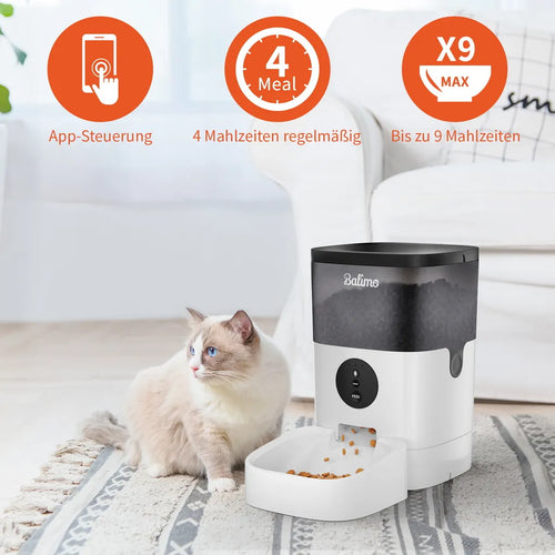  Balimo 4L Wifi Automatischer Futterautomat Für Katzen Und Hunde, 10s Soundaufnahmefunktion, 1-4 Mahlzeiten Pro Tag, Weiß+Schwarz