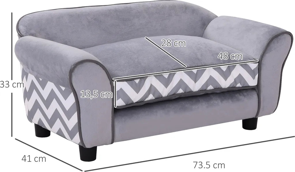  PawHut Hundesofa, Haustiersofa Mit Erhöhten Füßen, Hundecouch, Hundeliege Mit Kissen, Hundebett, Katzensofa, Waschbar, Samt, Grau, 73,5 X 41 X 33 Cm