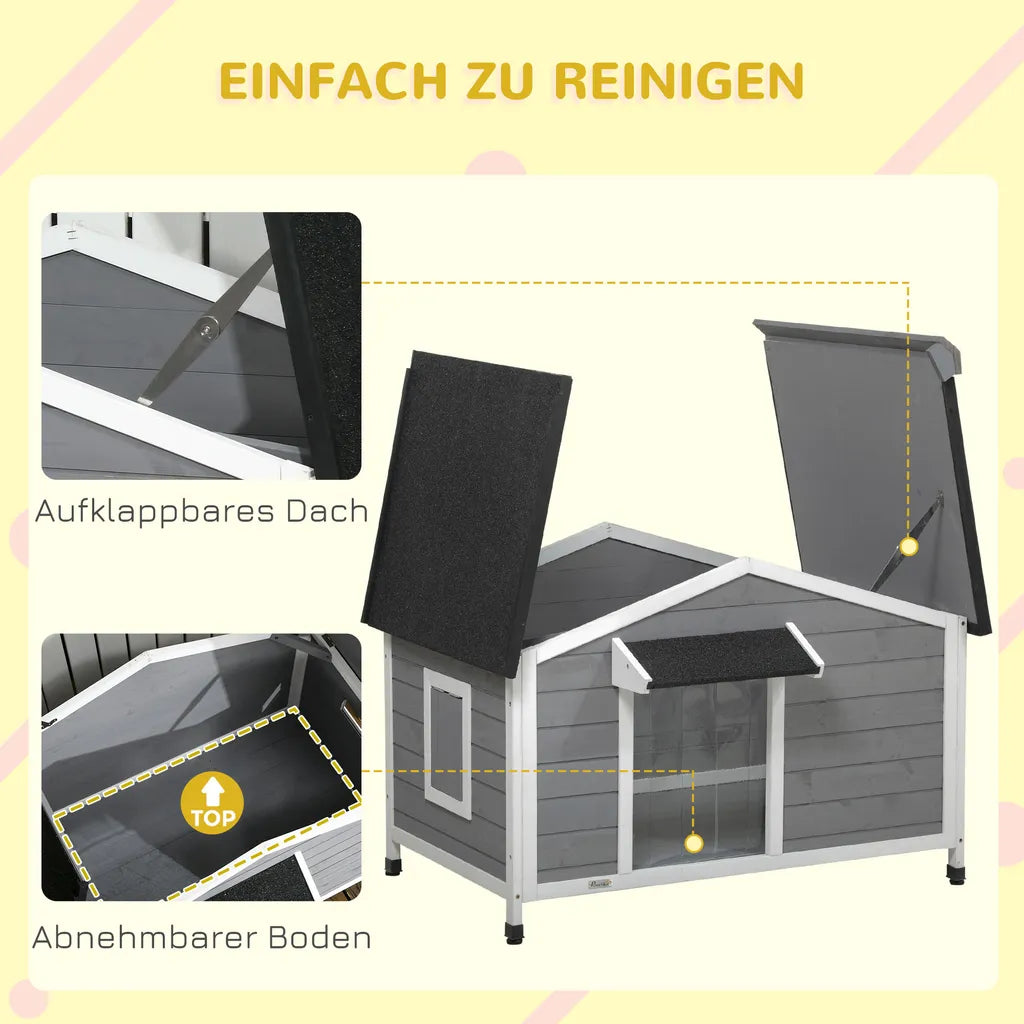  PawHut Hundehütte, Tannenholz, Hundehaus Mit Zu öffnendem Asphaltdach Und Abnehmbarem Boden, Kleintierhaus Für Kleine Und Mittelgroße Hunde, Outdoor, Wetterbeständig, Grau, 109 X 79 X 72 Cm