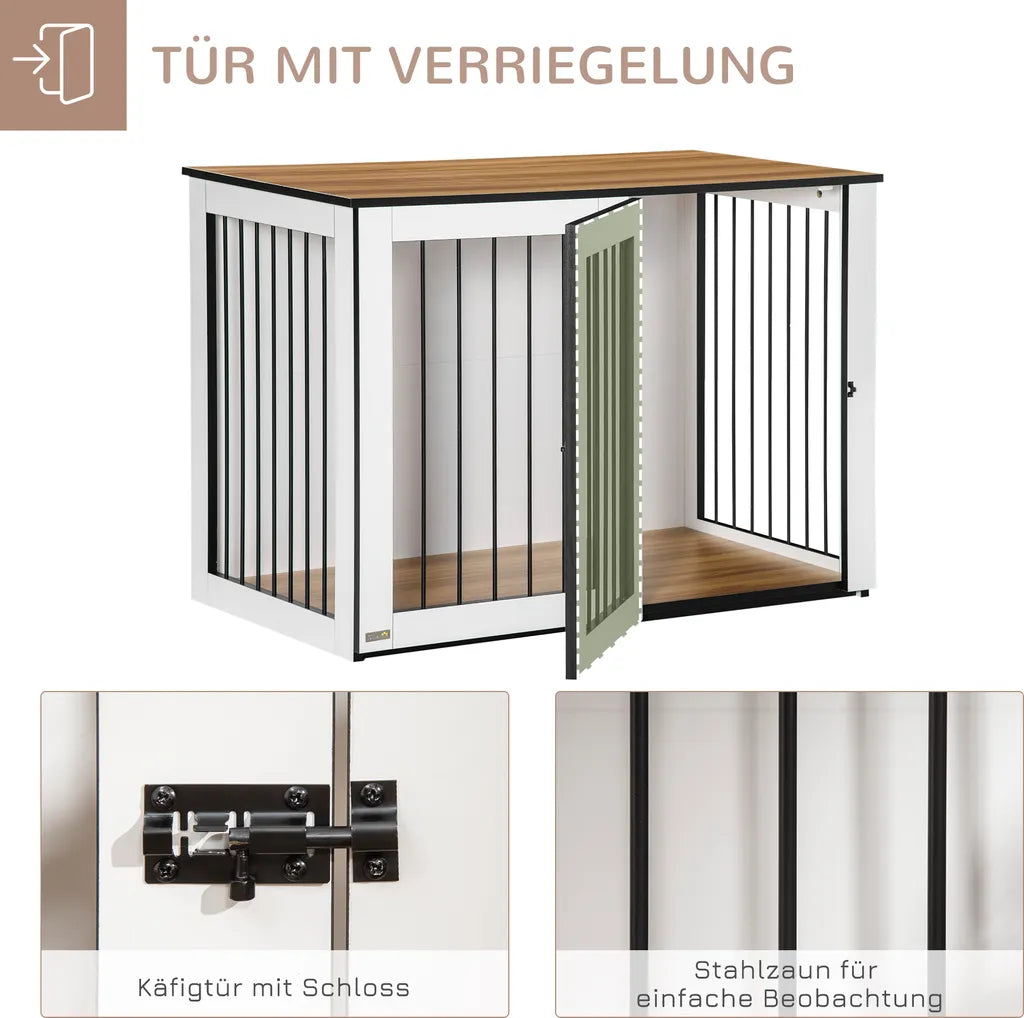  Pawhut Hundekäfig Schrank Haustierkäfig Tierkäfig Für Große Hunde Hundehütte Mit Tischoberfläche Hundebox Innen Spanplatte Dunkelwalnuss+Weiß 106 X 60 X 76 Cm