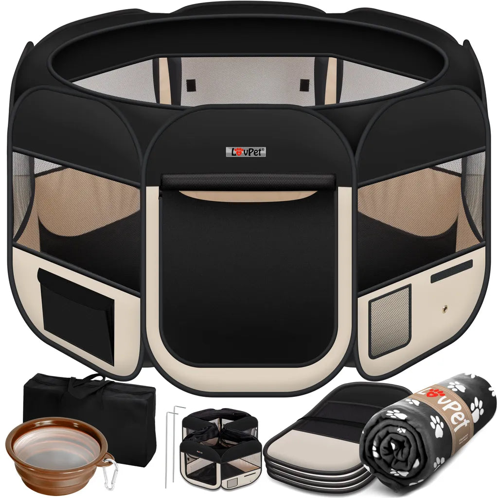  LOVPET® Welpenlaufstall Tierlaufstall Faltbar Für Kleintiere Hunde, Katzen Inkl. Hundenapf Hundelaufstall Freigehege Oxfordgewebe Pop-up System Indoor & Outdoor, Farbe:Schwarz / Beige