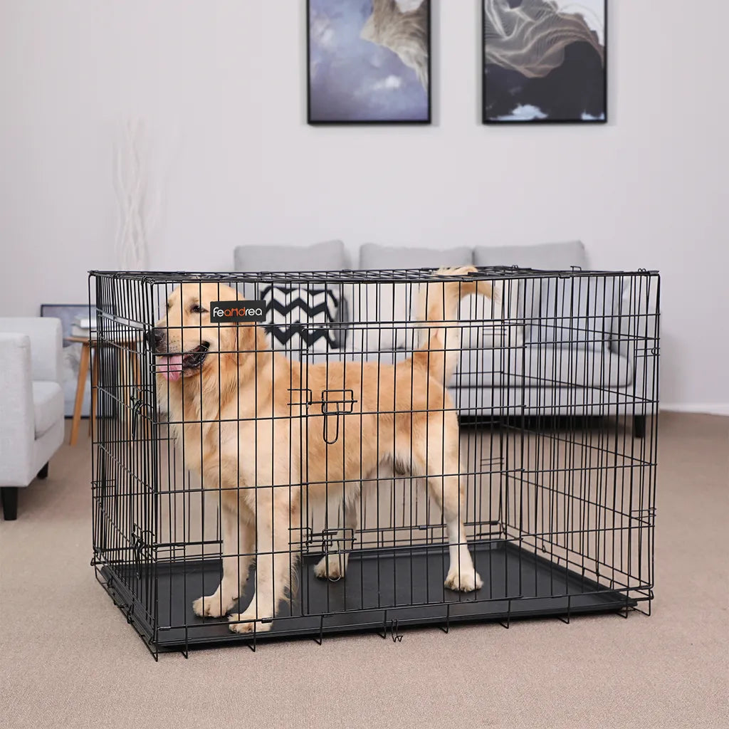  Feandrea Hundekäfig, XXL, 122 X 74,5 X 80,5 Cm, Klappbar, Mit 2 Türen, Ausziehbare Kunststoffschale, Schwarz PPD48H