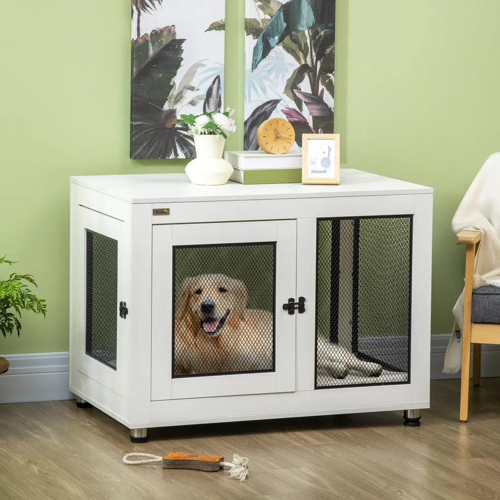  PawHut Hundekäfig, Haustierkäfig Mit Tischplatte, Hundehaus, Hundehütte Mit Kissen, Hundebox Indoor, Tierkäfig Mit 2 Türen Für Große Hunde, Beistelltisch, Weiß+Schwarz, 94 X 60 X 71,5 Cm