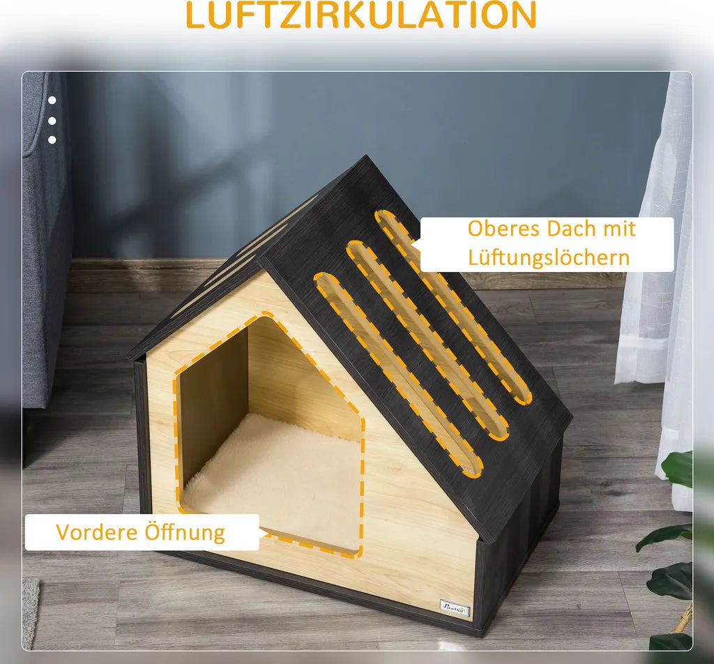  Pawhut Hundehütte Aus Holz Indoor Katzenhöhle Katzenhaus Hundeschlafplatz Mit Kissen Hundehaus Hundehöhle Mit Schrägem Dach Für Kleine Hunde Bis 8 Kg 60 X 40 X 59,2 Cm