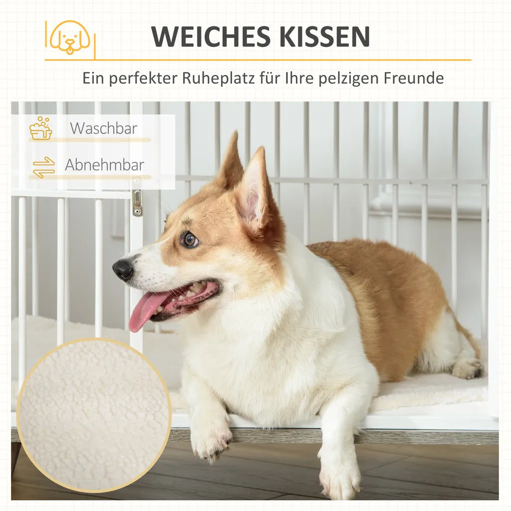  PawHut Hundekäfig Aus Holz Mit Kissen Tischoberfläche Erhöhtes Design Hundebox Für Mittelgroße Hunde Innen Zuhause Tierkäfig Haustier Weiß+Grau 86 X 60 X 70 Cm