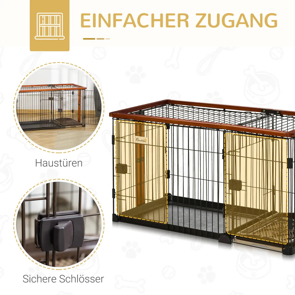  PawHut Hundekäfig Mit Toilette Tablett Hundebox Mit 2 Türen Für Kleine Hunde Tierkäfig Innen Zuhause Stahl Kaffee 111 X 54 X 61 Cm