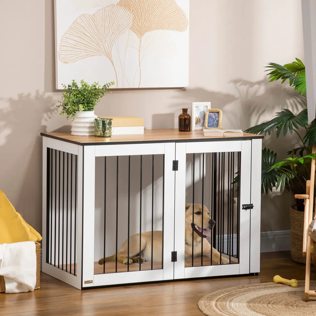  Pawhut Hundekäfig Schrank Haustierkäfig Tierkäfig Für Große Hunde Hundehütte Mit Tischoberfläche Hundebox Innen Spanplatte Dunkelwalnuss+Weiß 106 X 60 X 76 Cm