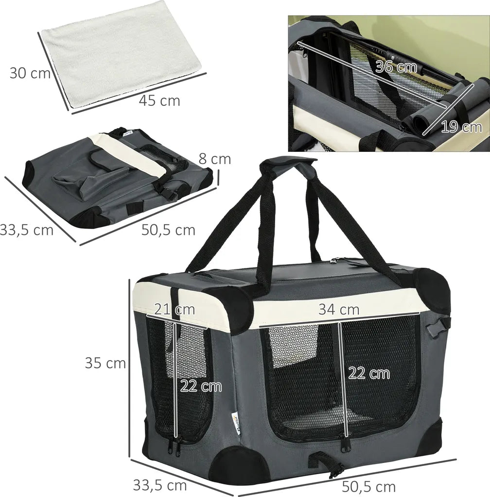  PawHut Hundetasche Transporttasche Faltbare Hundebox Mit Kissen Hundetragetasche Für Kleine Hunde Reisetasche Haustierrucksack Outdoor Oxfordstoff Grau+Schwarz 50,5 X 33,5 X 35 Cm