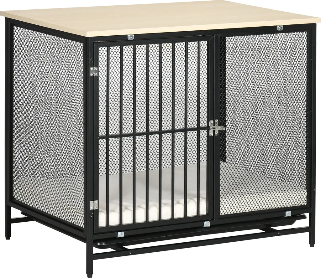  PawHut Hundekäfig, Hundehaus Mit Tischplatte, Haustierkäfig, Hundehütte Mit Kissen, Ausziehbarer Bodenwanne, Hundebox Für Mittelgroße Hunde, Tierkäfig, Indoor, Eiche+Schwarz, 80 X 55 X 71 Cm