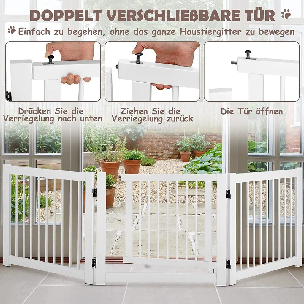  COSTWAY 3-teiliges Absperrgitter Hunde Mit Tor, 61cm Hoch Schutzgitter Holz Klappbar, Treppengitter Hundeabsperrgitter Türschutzgitter