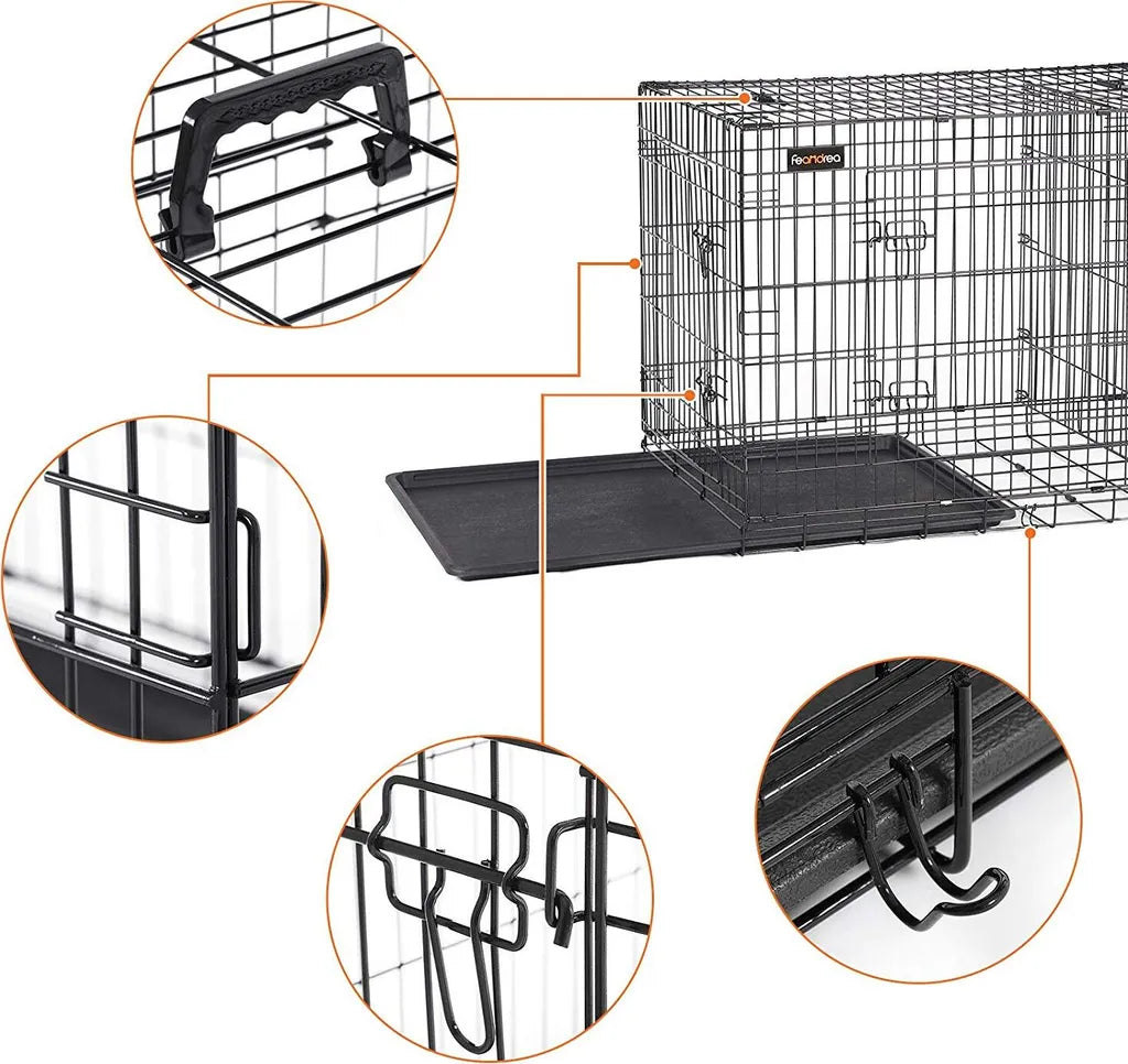 Feandrea Hundekäfig, XXL, 122 X 74,5 X 80,5 Cm, Klappbar, Mit 2 Türen, Ausziehbare Kunststoffschale, Schwarz PPD48H