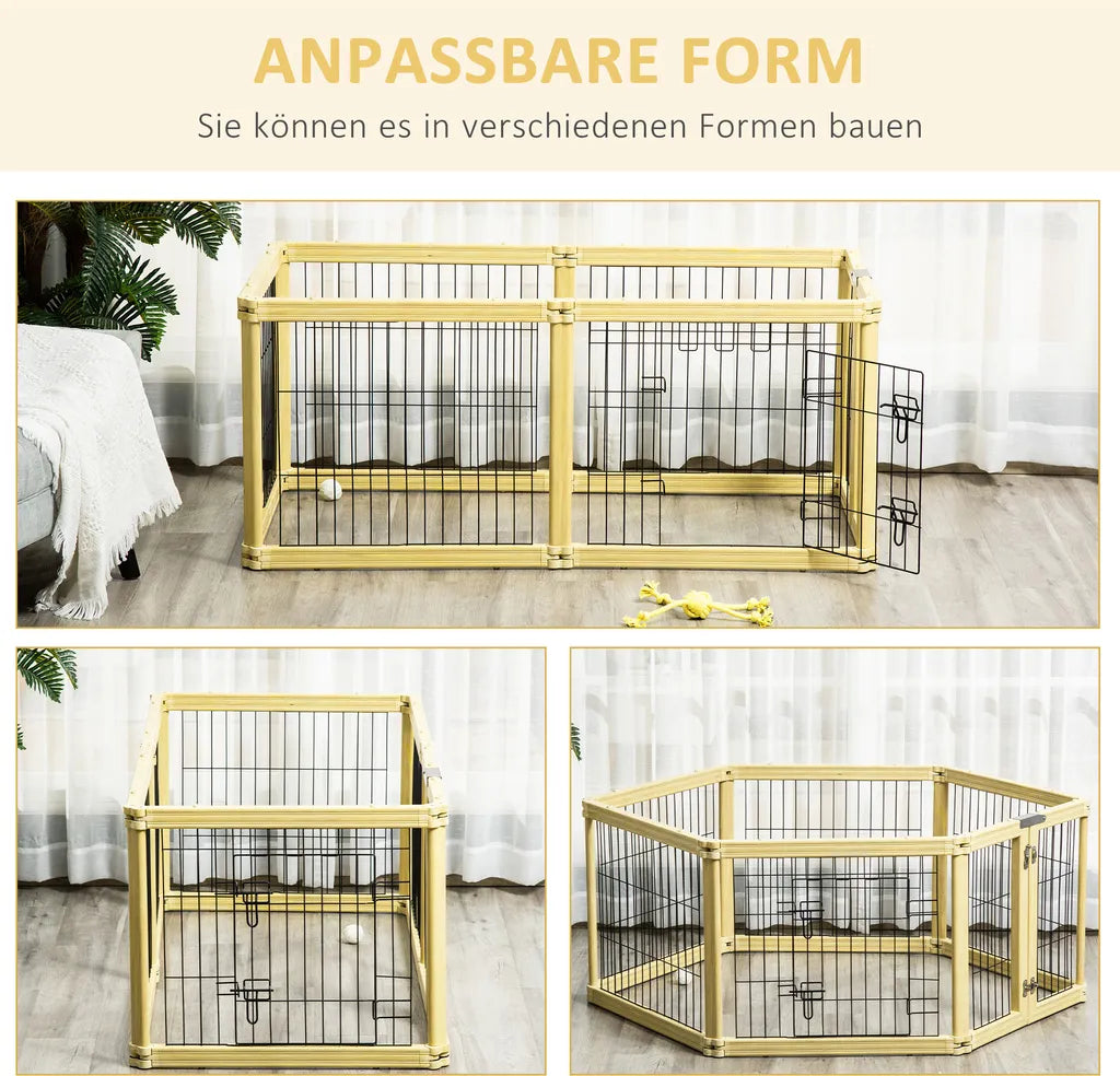  Pawhut Freigehege 6 Stücke Schutzgitter DIY-Laufstall Welpenauslauf Freilaufgehege Mit Tür Für Kleine Hunde Klappbar Naturholz 420 X 62 Cm