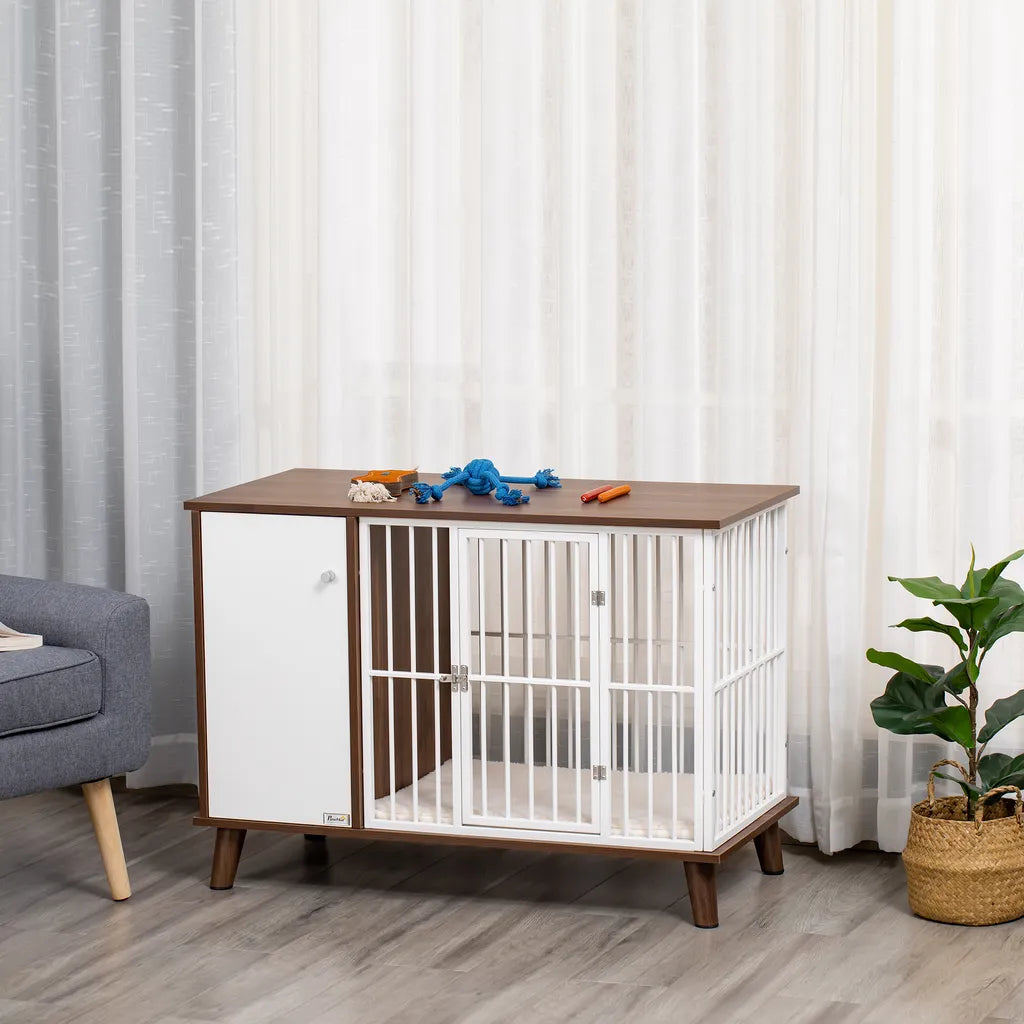  PawHut Hundekäfig Aus Holz Mit Schrank Kissen Tischoberfläche Erhöhtes Design Hundebox Für Mittelgroße Kleine Hunde Innen Zuhause Tierkäfig Haustier Stahl Braun 98 X 48 X 70,5 Cm