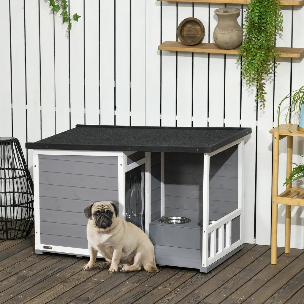  PawHut Hundehütte, Tannenholz, Hundehaus Mit 2 Schüsseln Und Terrasse, Kleintierhaus Für Kleine Hunde Mit Asphaltdach, Erhöhtes Design, Outdoor, Wetterbeständig, Grau, 103 X 62 X 60-66 Cm