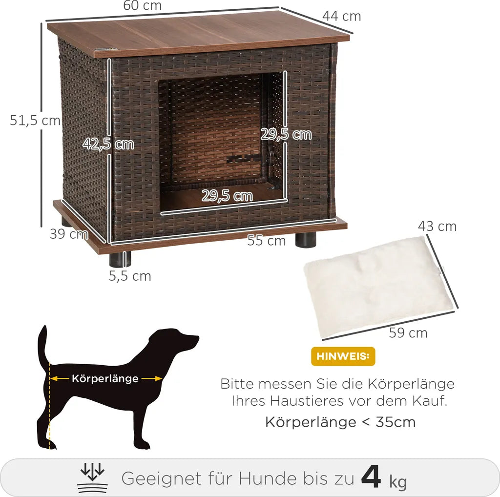  PawHut Rattan Hundehütte Hundehaus Mit Kissen Hundehöhle Hundematratze Haustierbett Für Drinnen Und Draußen Spanplatte Braun 60 X 44 X 51,5 Cm