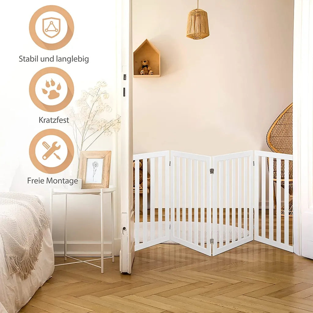  COSTWAY Absperrgitter Hunde 89cm Hoch, 4 Paneelen Schutzgitter Holz Klappbar, Treppengitter Hundeabsperrgitter Flexibel Türschutzgitter (Weiß)