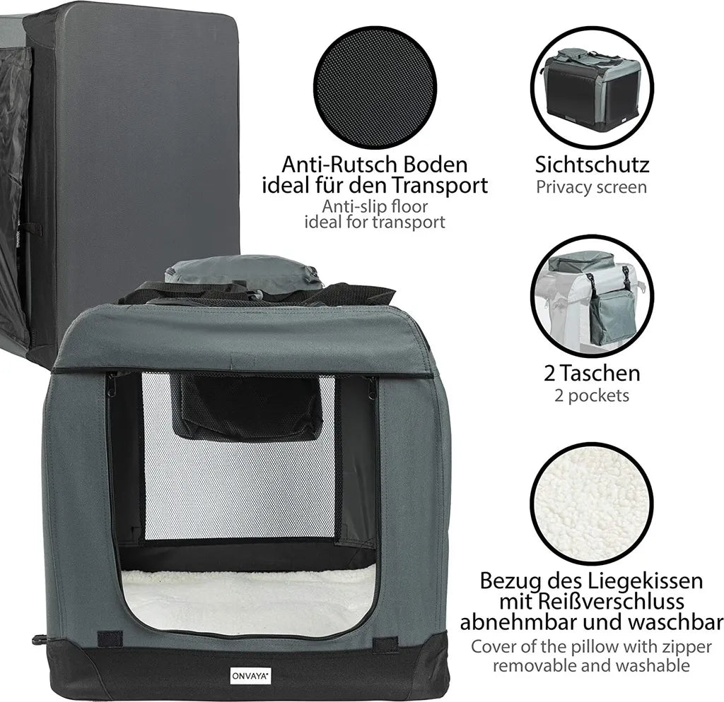  ONVAYA® Faltbare Transportbox Für Hunde & Katzen | XL | Faltbare Hundebox Oder Katzenbox Für Auto & Zuhause | Farbe Grau Schwarz