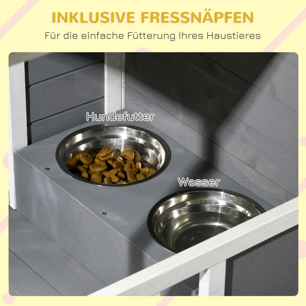  PawHut Hundehütte, Tannenholz, Hundehaus Mit 2 Schüsseln Und Terrasse, Kleintierhaus Für Kleine Hunde Mit Asphaltdach, Erhöhtes Design, Outdoor, Wetterbeständig, Grau, 103 X 62 X 60-66 Cm