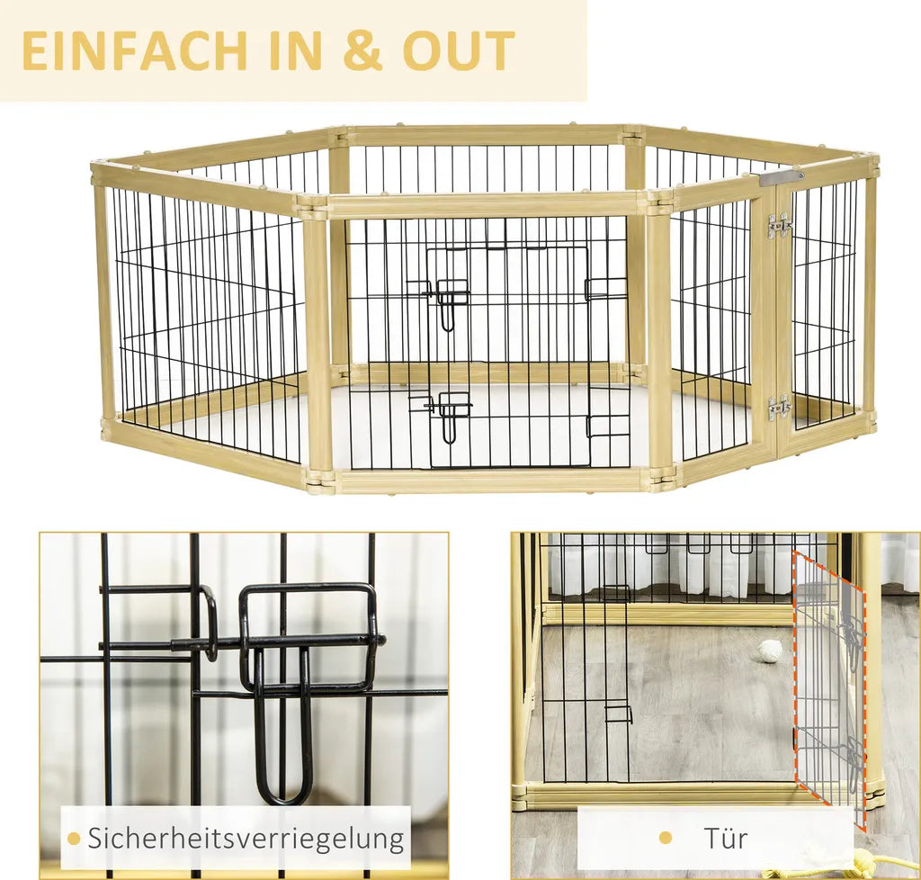  Pawhut Freigehege 6 Stücke Schutzgitter DIY-Laufstall Welpenauslauf Freilaufgehege Mit Tür Für Kleine Hunde Klappbar Naturholz 420 X 62 Cm