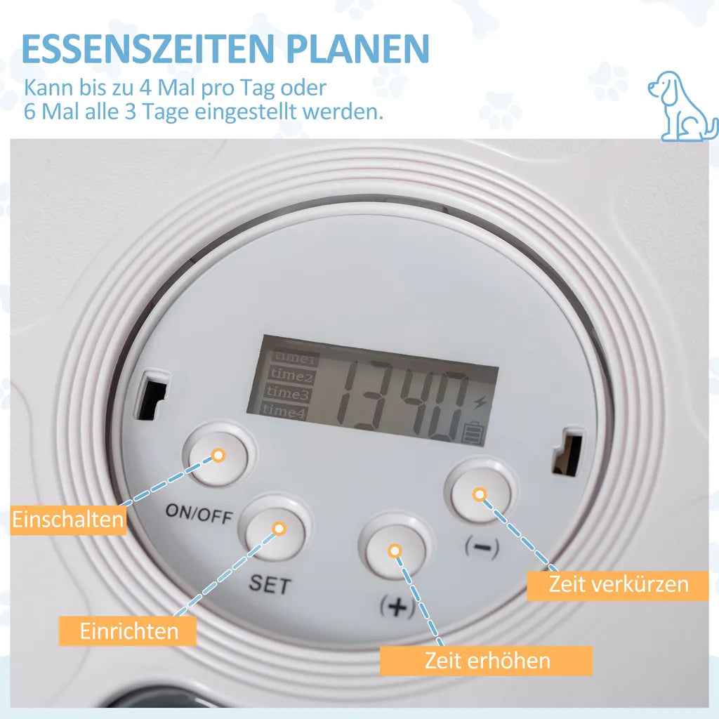  PawHut Futterautomat Mit 6 Fächern Für Katzen Hunde Haustiere Automatisch 4 Mahlzeiten Programmierbarer Futterspender Mit LED-Display Timer Weiß+Grau Ø30,5 X 7,2H Cm