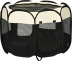  PawHut Welpenlaufstall Tierlaufstall Faltbarer Welpenauslauf Freigehege Laufstall Aus Oxfordstoff Für Kleine Hunde Und Katzen Wasserdicht Tragbar Cremeweiß+Schwarz 92 X 92 X 58 Cm