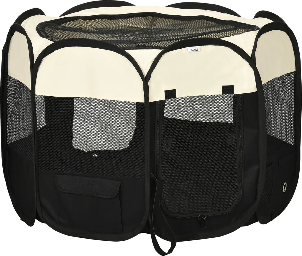  PawHut Welpenlaufstall Tierlaufstall Faltbarer Welpenauslauf Freigehege Laufstall Aus Oxfordstoff Für Kleine Hunde Und Katzen Wasserdicht Tragbar Cremeweiß+Schwarz 92 X 92 X 58 Cm