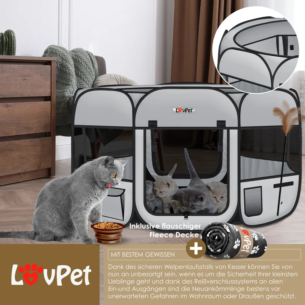 LOVPET® Welpenlaufstall Tierlaufstall Faltbar Für Kleintiere Hunde, Katzen Inkl. Hundenapf Hundelaufstall Freigehege Oxfordgewebe Pop-up System Indoor & Outdoor, Farbe:Hellgrau / Schwarz
