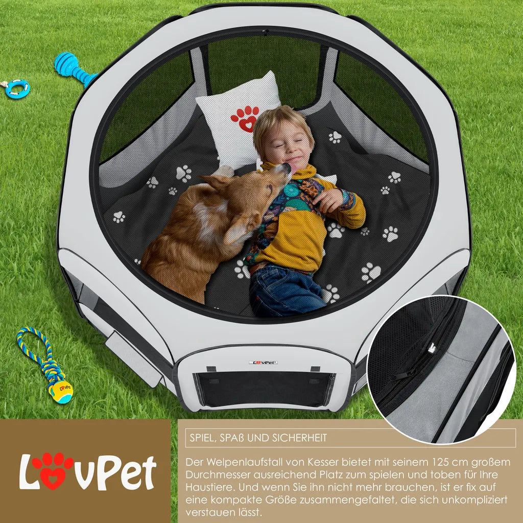  LOVPET® Welpenlaufstall Tierlaufstall Faltbar Für Kleintiere Hunde, Katzen Inkl. Hundenapf Hundelaufstall Freigehege Oxfordgewebe Pop-up System Indoor & Outdoor, Farbe:Hellgrau / Schwarz