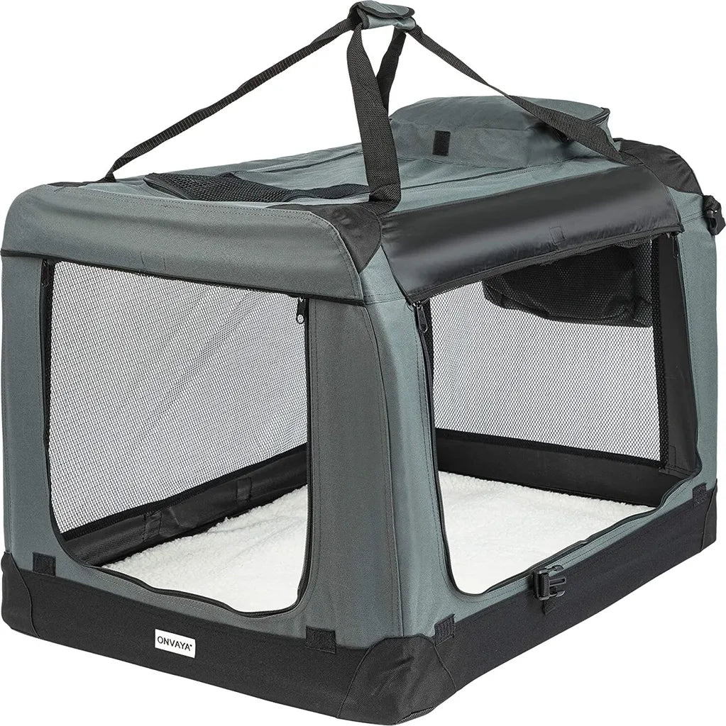  ONVAYA® Faltbare Transportbox Für Hunde & Katzen | XL | Faltbare Hundebox Oder Katzenbox Für Auto & Zuhause | Farbe Grau Schwarz