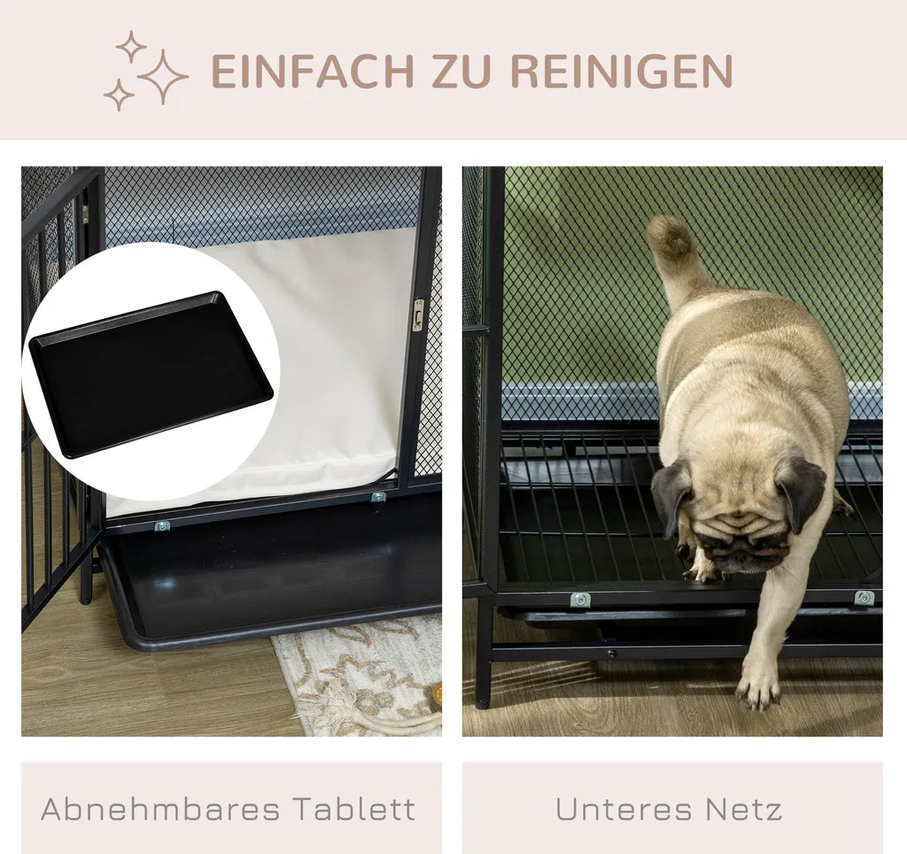  PawHut Hundekäfig, Hundehaus Mit Tischplatte, Haustierkäfig, Hundehütte Mit Kissen, Ausziehbarer Bodenwanne, Hundebox Für Mittelgroße Hunde, Tierkäfig, Indoor, Eiche+Schwarz, 80 X 55 X 71 Cm