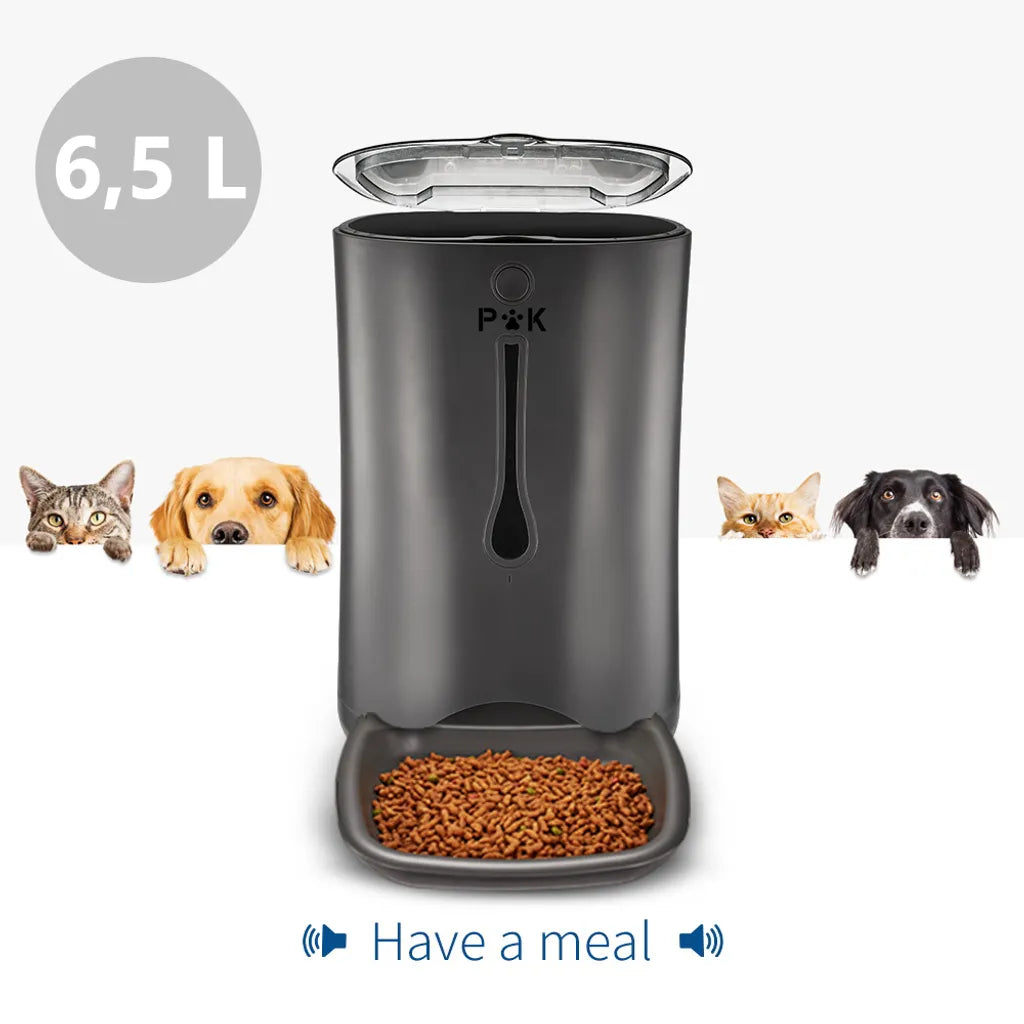  P&K 6,5L Automatischer Futterautomat Für Katzen Und Hunde Mit LCD, 8s Soundaufnahmefunktion, 1-4 Mahlzeiten Pro Tag, Schwarz