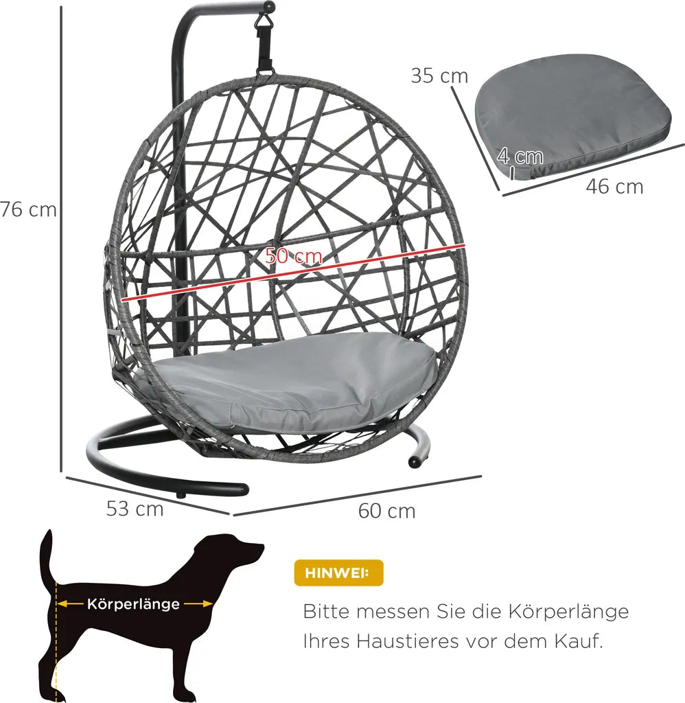  PawHut Rattan Hundehütte Mit Kissen Hundehaus Haustierbett Katzenhaus Katzenkorb Katzenhöhle Hängesessel Hängematte Für Hunde Katzen Outdoor Grau+Schwarz 60 X 53 X 76 Cm